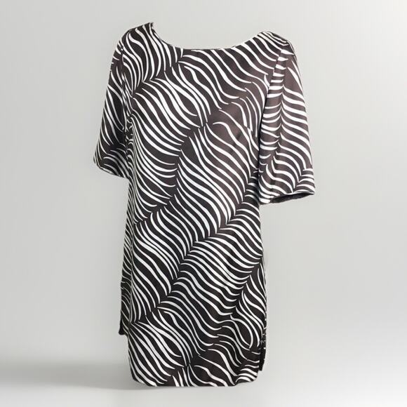 Elizabeth McKay Brown White Zebra Wave Lindsay Shift Dress Short Sleeve Mini 4 - Picture 1 of 6
